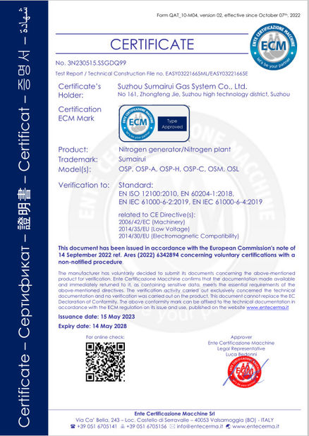 China Suzhou Sumairui Gas System Co.,Ltd. certification