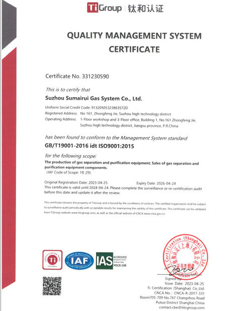 China Suzhou Sumairui Gas System Co.,Ltd. certification